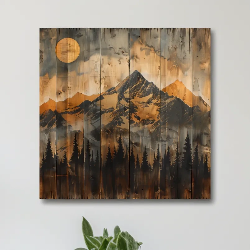 Mountain range alpine forest art, rustic wood burning effect, wood panel art