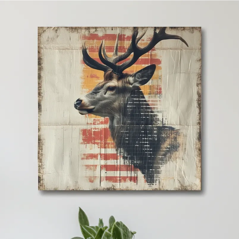 Deer head artwork, collage style art on textured paper