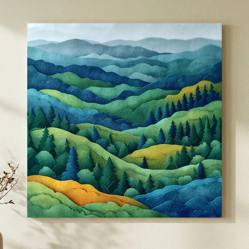 Layered Papercut Mountain Forest Landscape - 3D Effect Wall Art