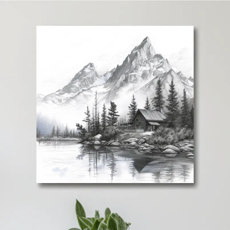 Monochrome Mountain Lake Cabin Sketch - Rustic Alpine Glacier Wall Art