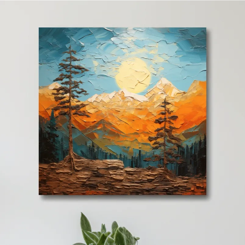 Mountains at sunset artwork print, thick impasto textured oil painting effect