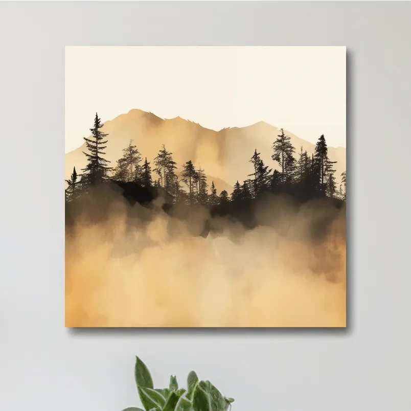 Misty mountain forest artwork, sepia watercolor style canvas painting