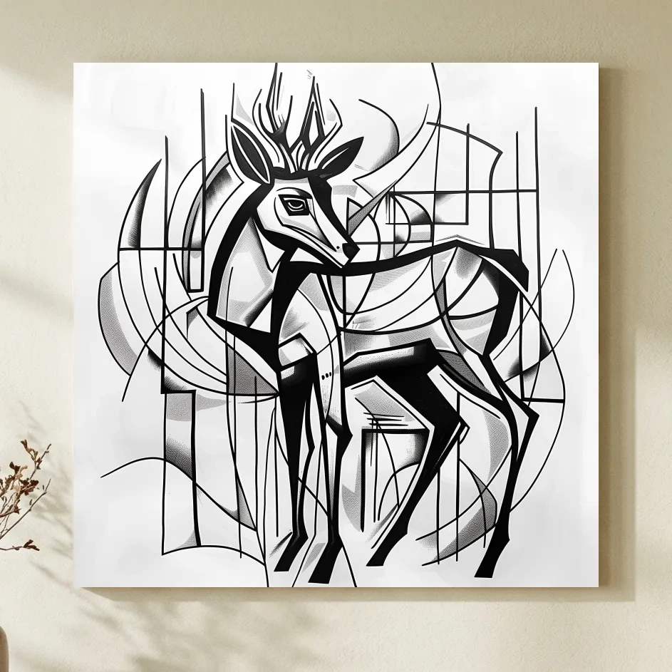 Abstract artwork, geometric deer painting, cubism line art