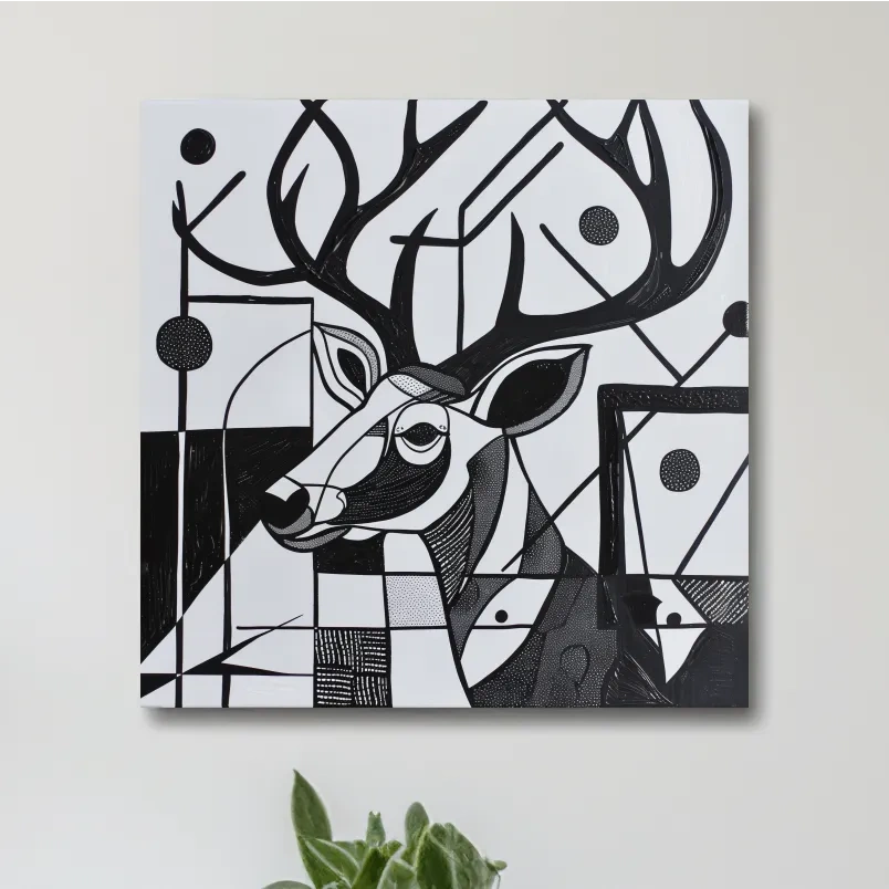 Abstract painting, black & white deer head and antlers artwork
