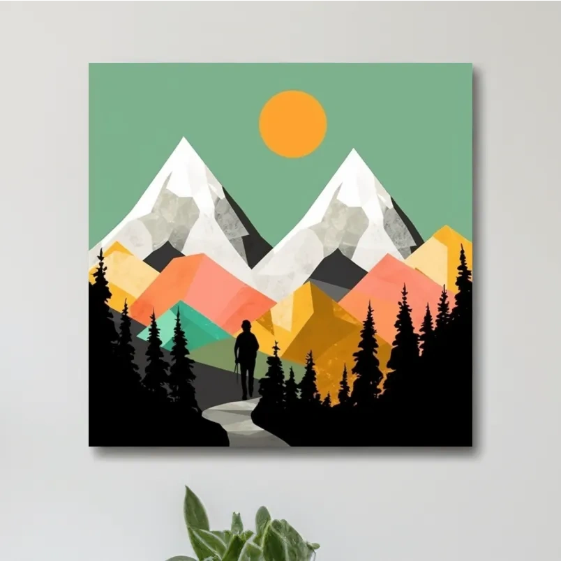 A mountain art scene made from colourful abstract shapes