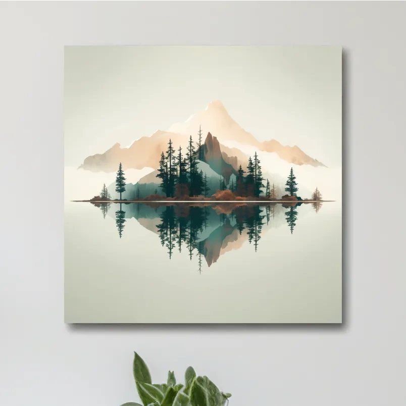 Minimalist Watercolor Mountain Lake Reflection - Serene Pine Forest Landscape Wall Art