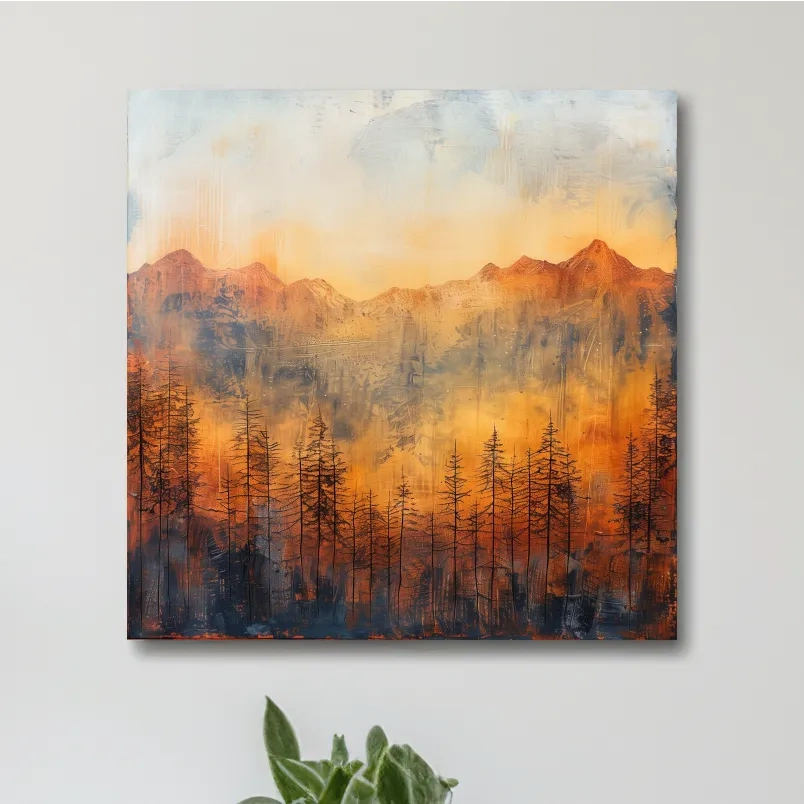 Moody Abstract Mountain Sunrise With Silhouetted Pine Forest - Textured Landscape Painting