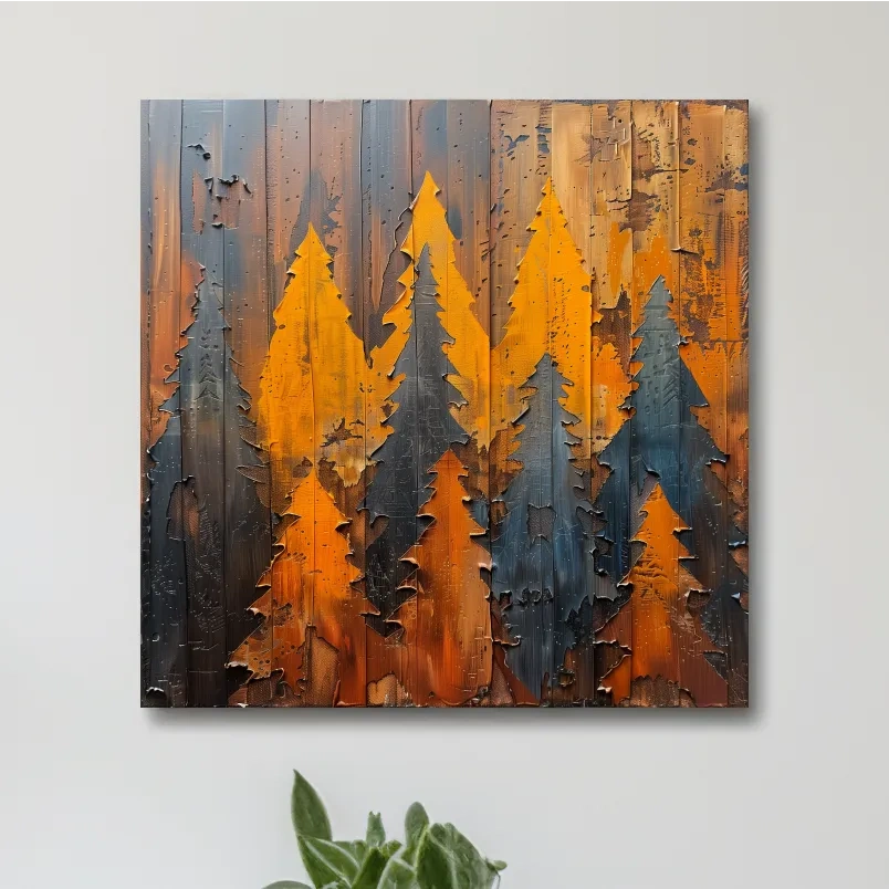 Painted wood artwork, alpine forest painting, peeled paint effect