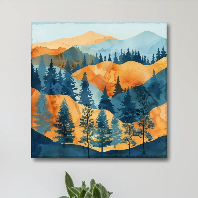 Watercolour painting  forest wall art, pine trees, rolling hills and mountains