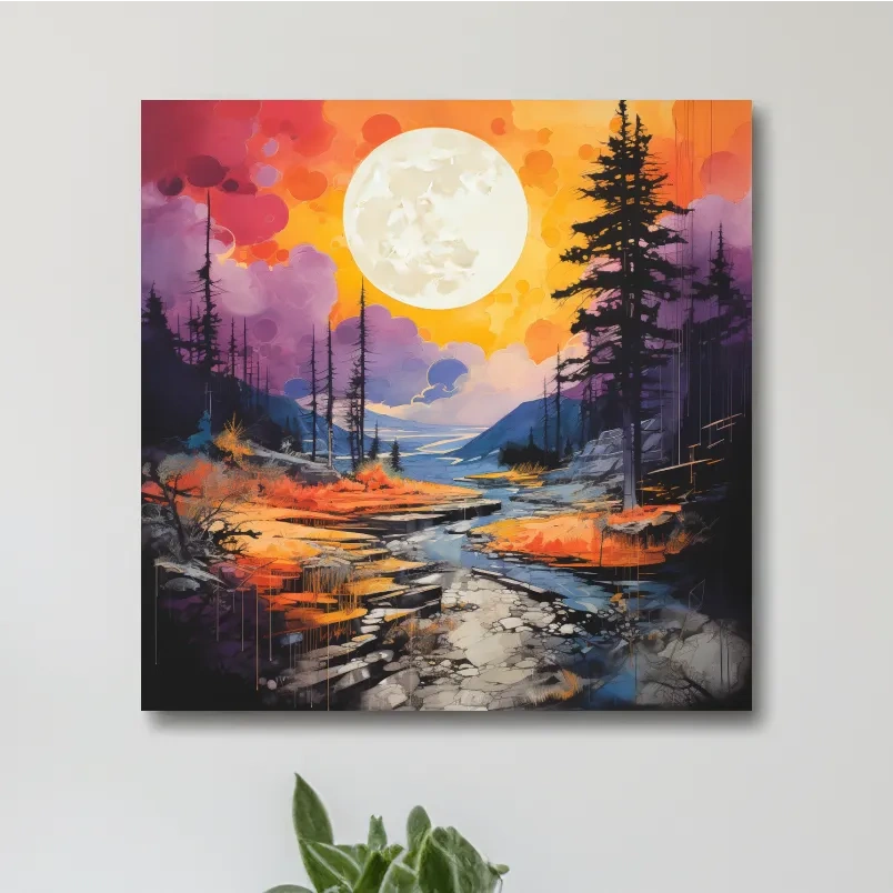 Colorful river and mountain sunset scene, illustration wall art
