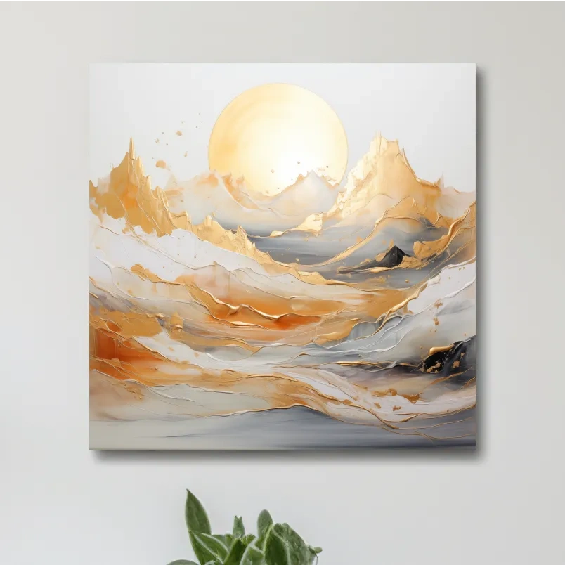 Gold Leaf Abstract Mountains Painting - Minimalist Sunrise Landscape Wall Art