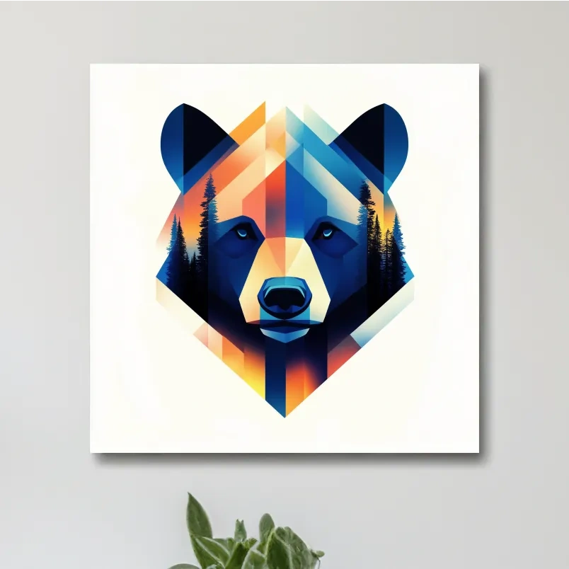 Colorful bear head illustration print, double exposure forest wall art