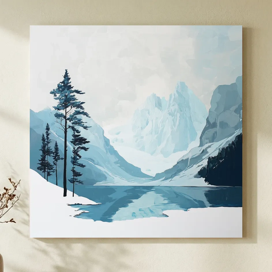 Minimalist Icy Mountain Lake - Scandinavian Winter Landscape Artwork