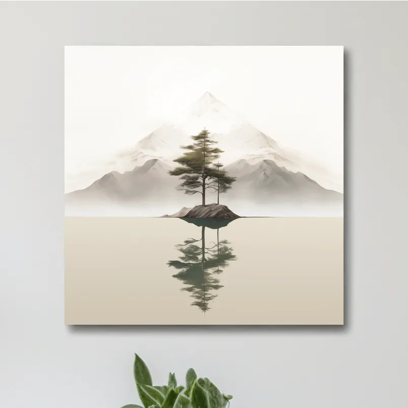 Minimalist Misty Lake Landscape Artwork - Serene Zen Pine Tree Reflection Art