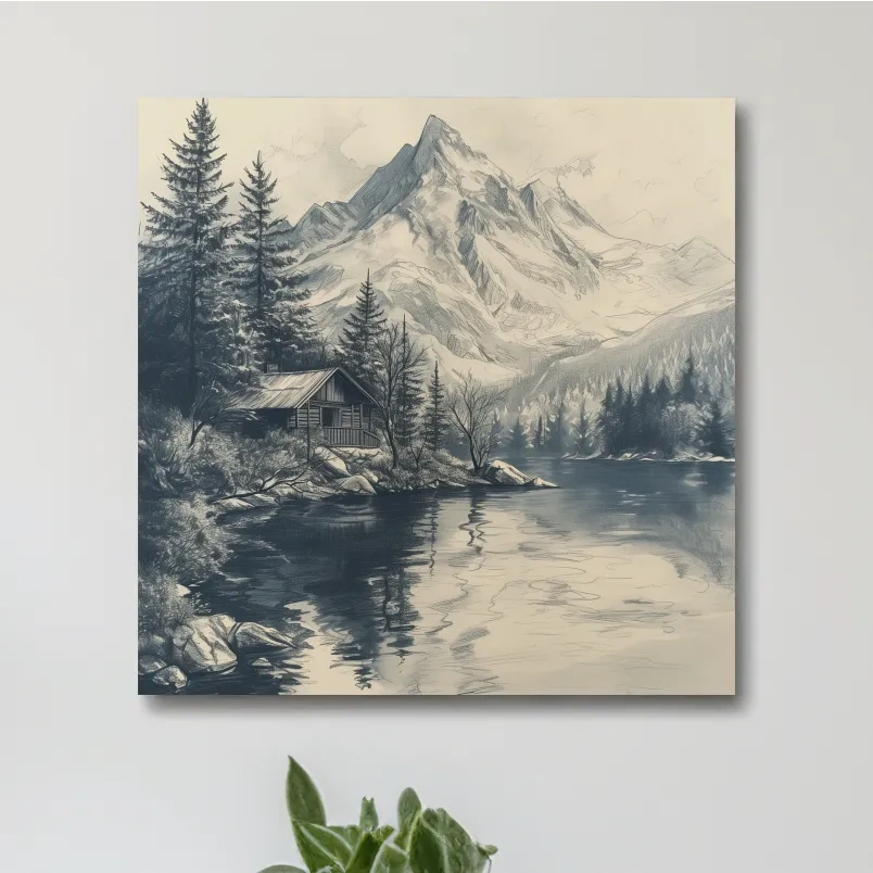 Lead pencil drawing of a cabin by an alpine lake