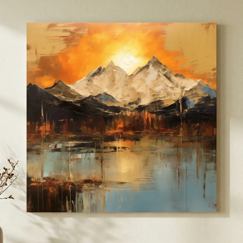 Abstract Mountain Lake Sunset - Textured Effect Alpine Wall Art