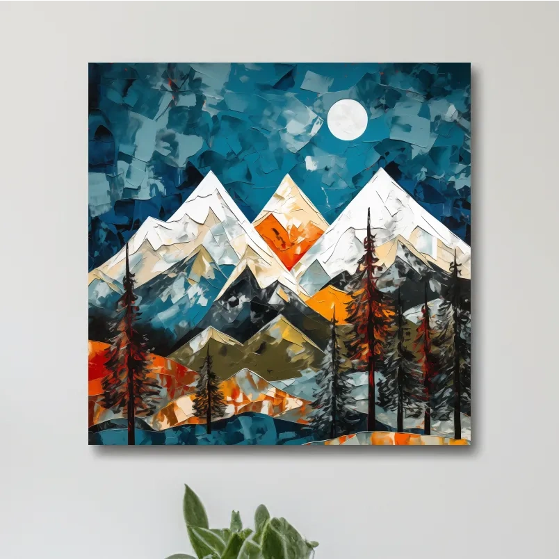 Abstract Impasto Style Mountain Nightscape - Moonlit Alpine Landscape Wall Art