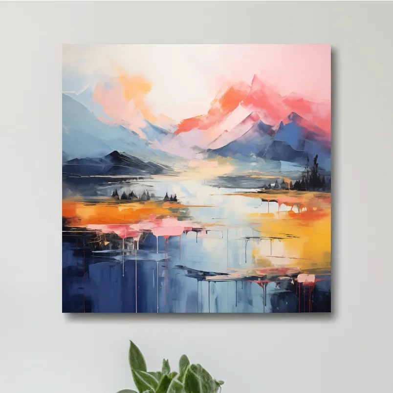 Vibrant Abstract Mountain Lake Sunset Painting - Colorful Modern Landscape Wall Art