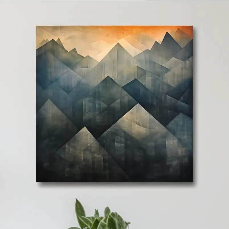 Abstract geometric mountain wall art, gradient shades with warm sunset sky