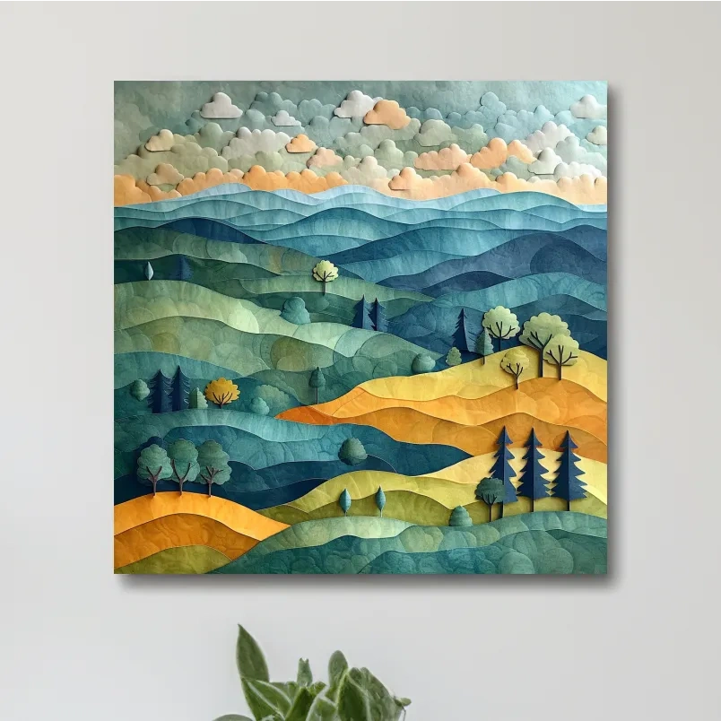 Layered Paper Cut Mountain Landscape - Mixed Media Forest Wall Art