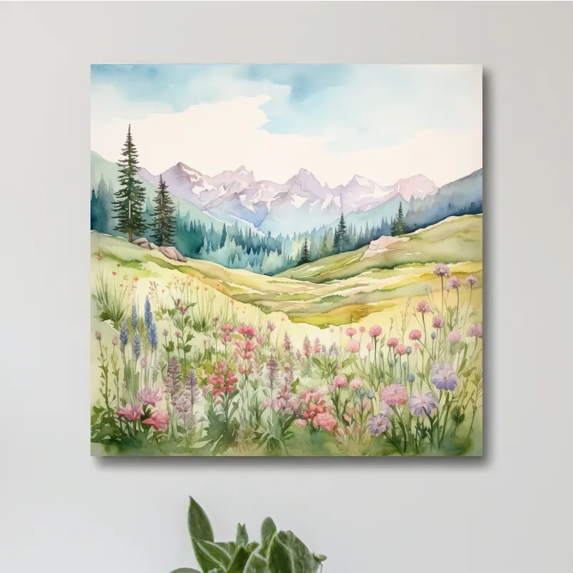 Alpine Meadows Wildflower Watercolour - Pastel Mountains Landscape Wall Art