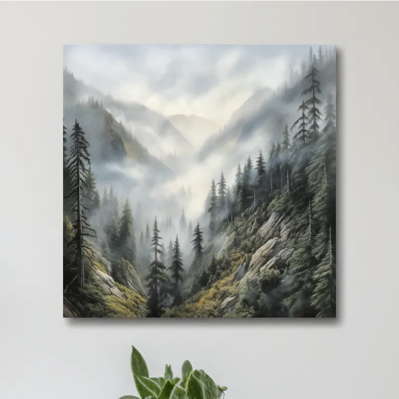 Painting of fog rolling through the mountains and trees