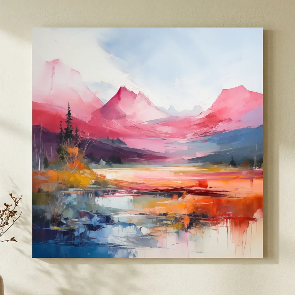 Vibrant Abstract Impressionist Alpine Lake Sunset Painting - Colorful Mountain Wall Art