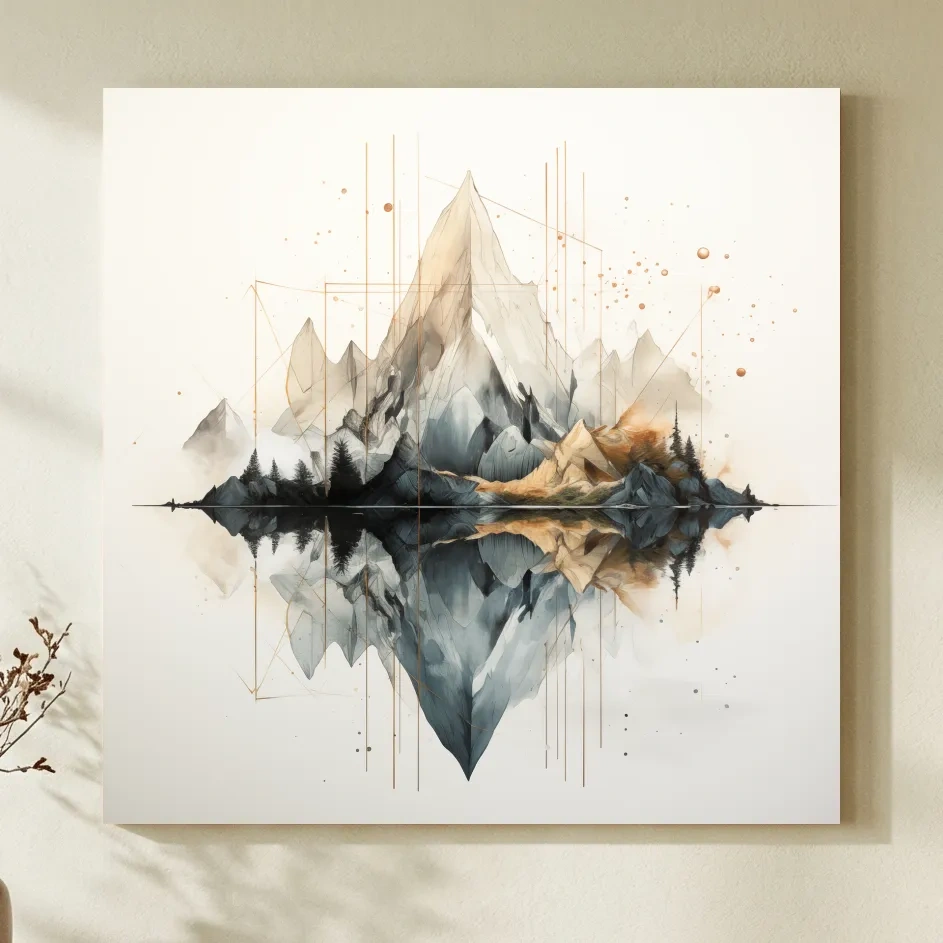 Geometric Watercolor Mountain Reflection Landscape - Modern Minimalist Wall Art