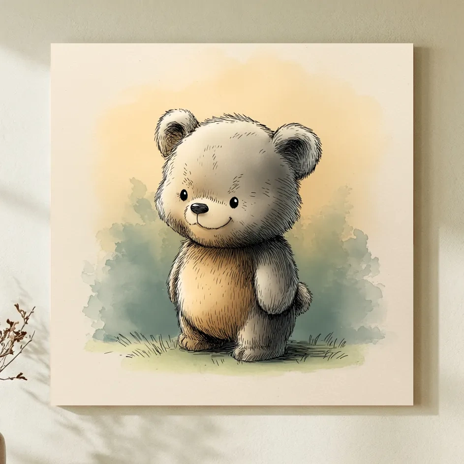 Cute Watercolor Teddy Bear Illustration - Whimsical Nursery Animal Wall Art