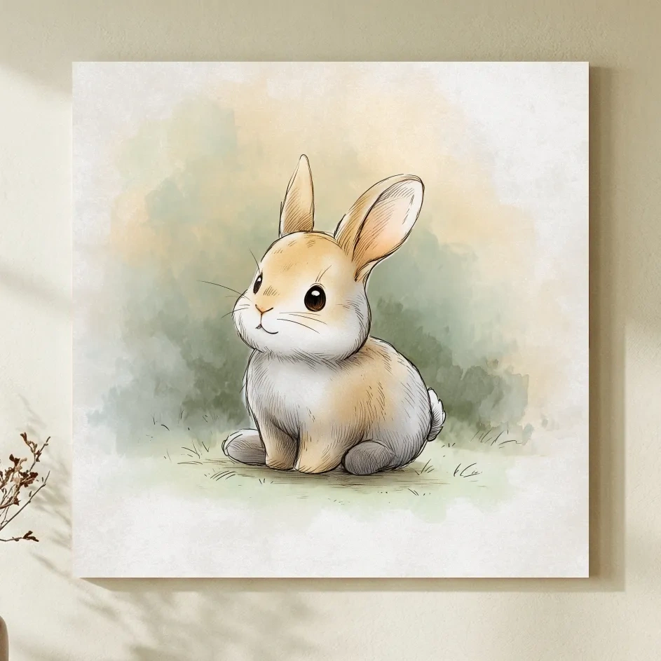 Cute Baby Bunny Watercolor Illustration - Whimsical Nursery Animal Wall Art