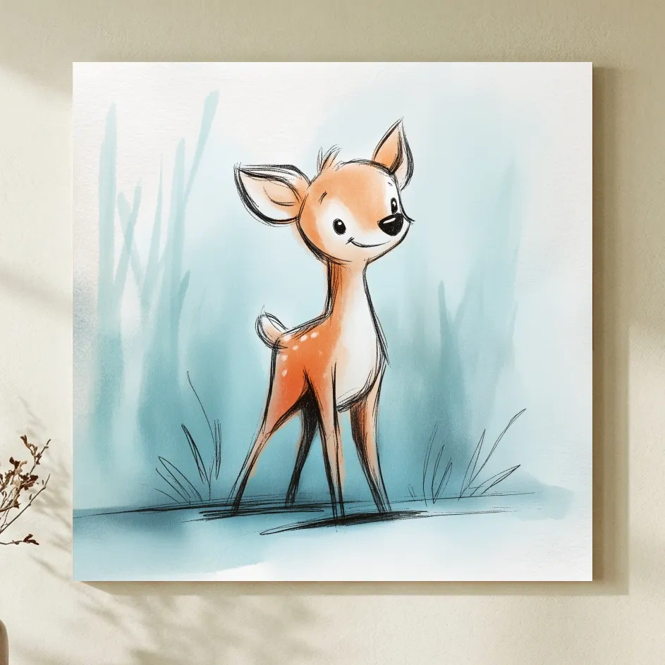 Cute Baby Deer Watercolor Illustration - Whimsical Woodland Nursery Wall Art