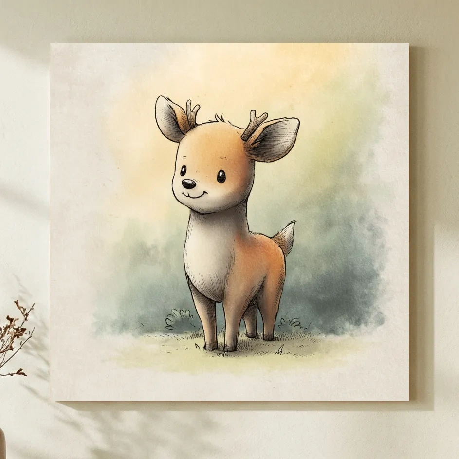 Cute Baby Deer Watercolor Illustration - Whimsical Woodland Nursery Wall Art