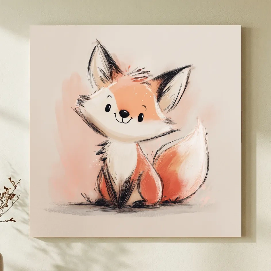 Cute Watercolor Baby Fox Illustration - Whimsical Woodland Nursery Wall Art