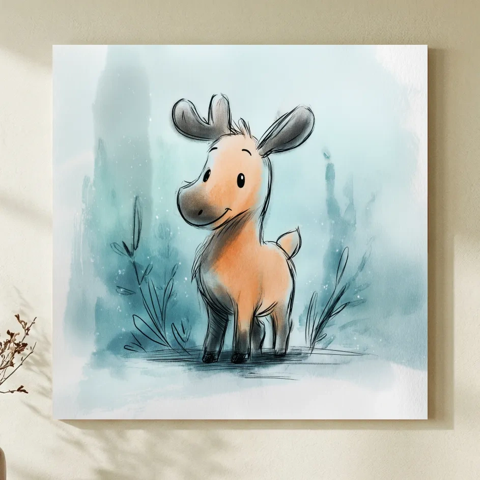 Cute Baby Moose Watercolor Illustration - Whimsical Nursery Wildlife Wall Art