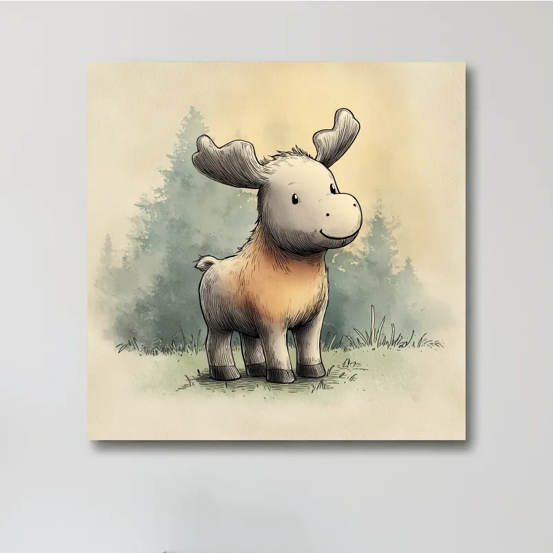 Cute Baby Moose Watercolor Illustration - Woodland Nursery Animal Wall Art