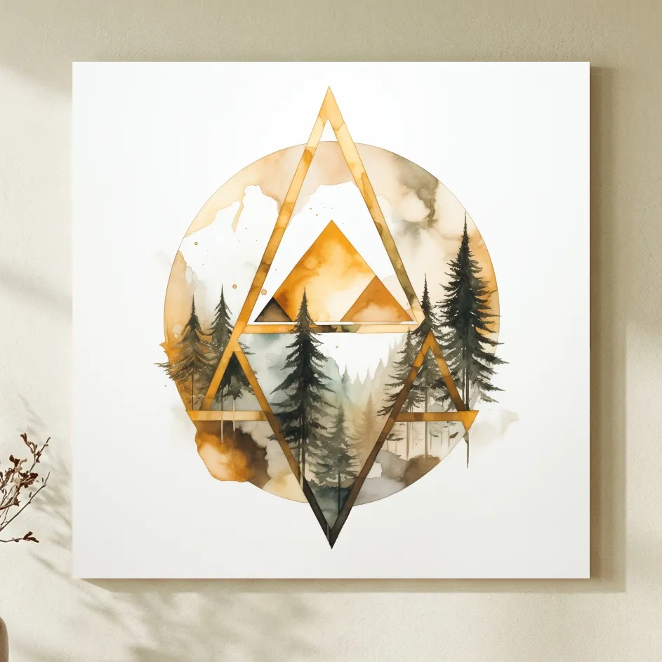Rustic Elegant Watercolor Mountain Pine Forest - Abstract Golden Geometric Nature Wall Art