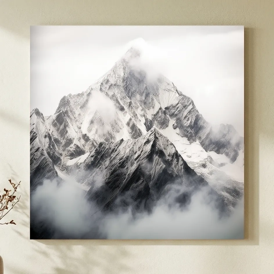 Snowcapped Alpine Peak Photography - Monochrome Mountain Wall Art