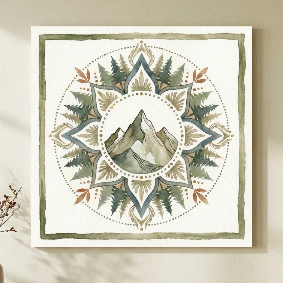 Mountain Mandala Watercolor - Boho Botanical Nature Wall Art