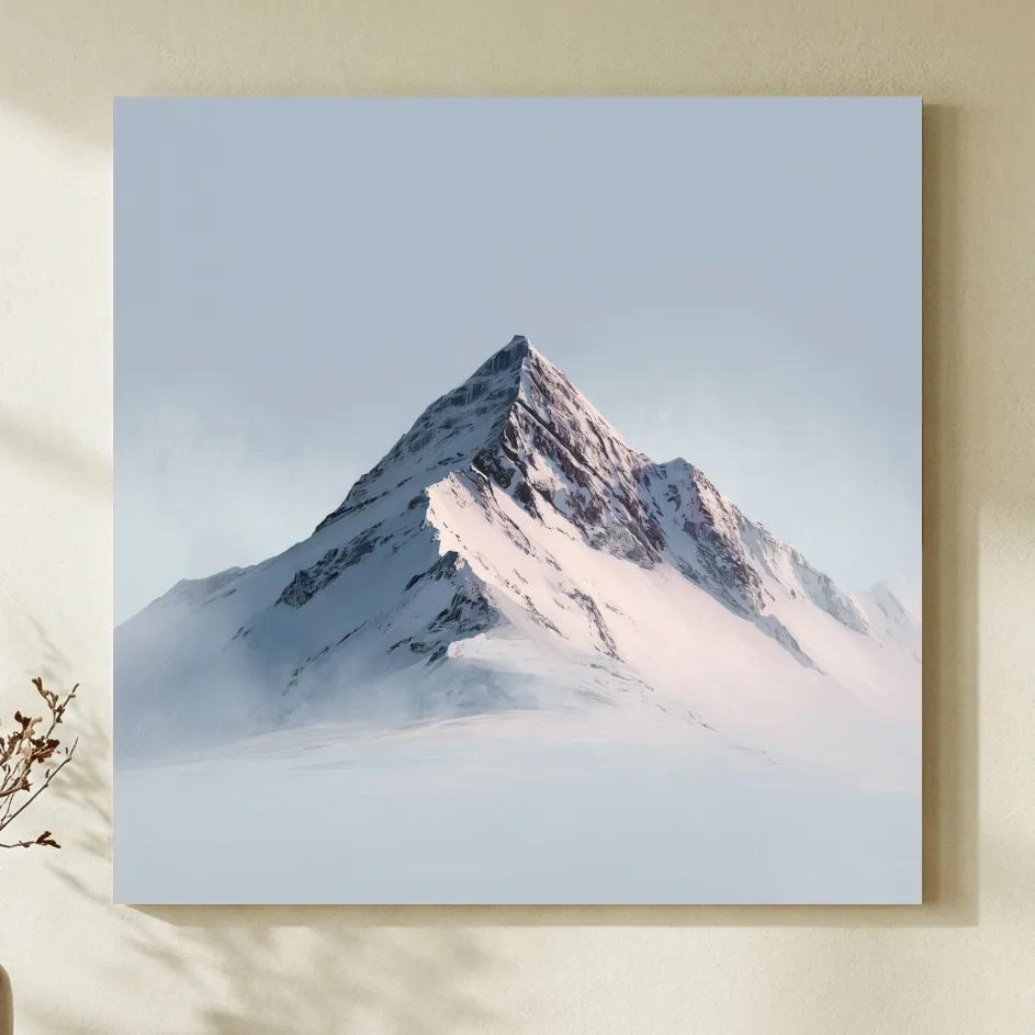 Minimalist Snowy Alpine Peak Painting - Serene Winter Mountain Wall Art