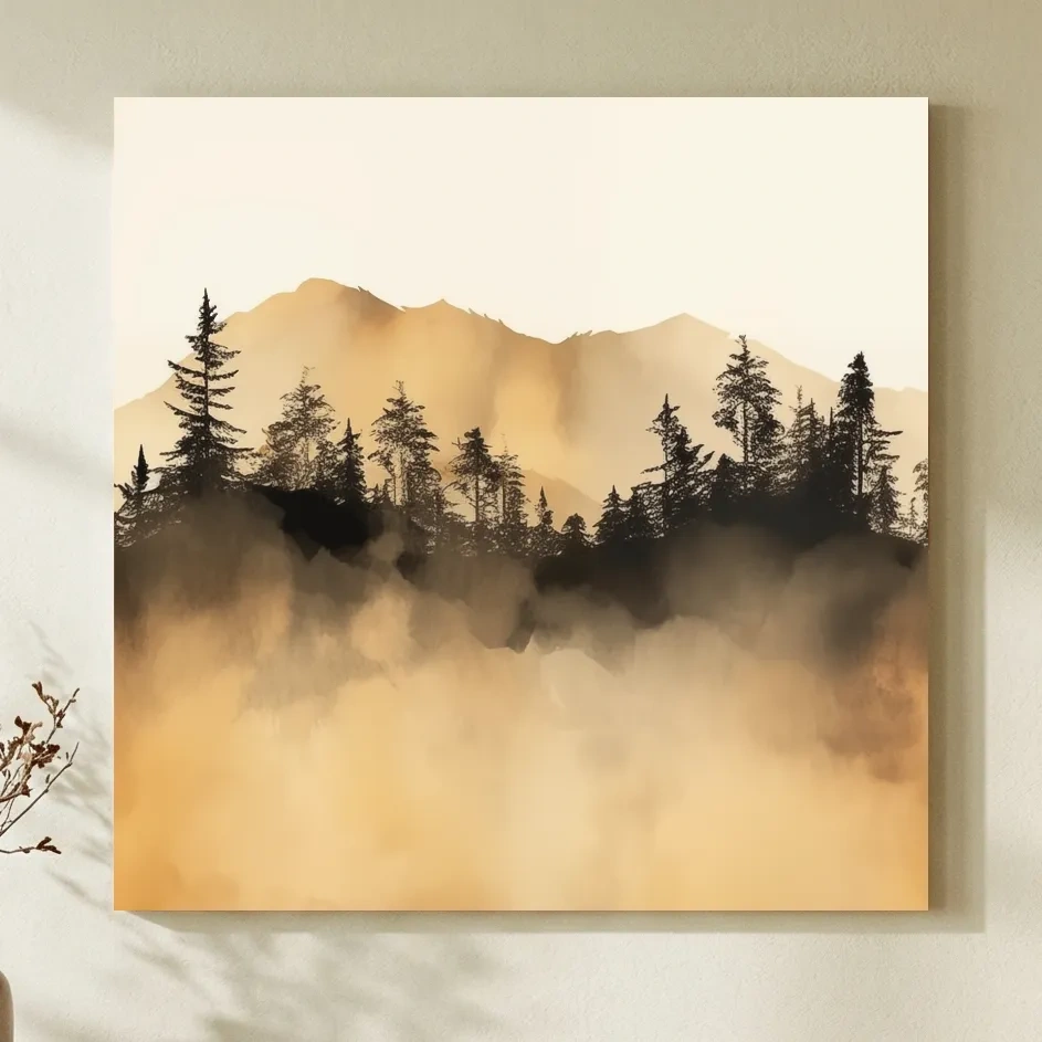 Misty Golden Mountain Pine Forest - Sepia Watercolor Landscape Wall Art