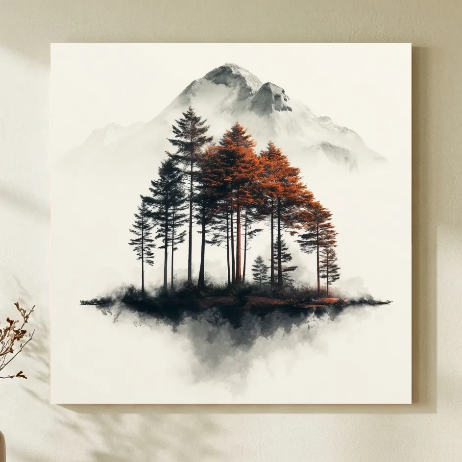 Misty Mountain Pine Forest Watercolor - Autumn Landscape Wall Art