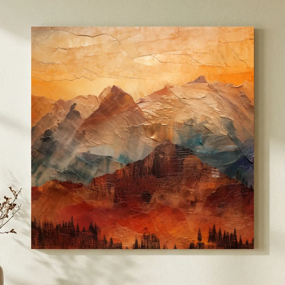 Impasto Style Abstract Mountain Range Sunset - Warm Rustic Landscape Wall Art