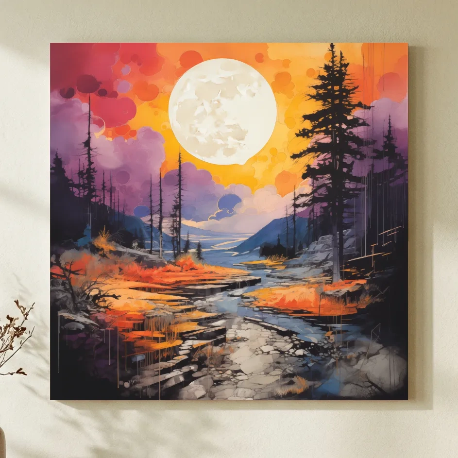 Vibrant River Valley Landscape Illustration - Abstract Sunset Forest Wall Art