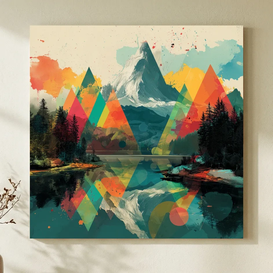 Vibrant Abstract Mountain Lake Collage Art - Colorful Alpine Wall Art