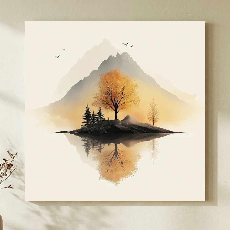 Minimalist Misty Mountain Lake Illustration - Serene Autumn Tree Landscape Wall Art