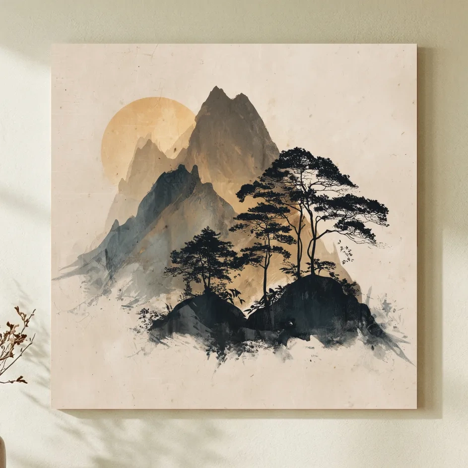 Zen Ink Wash Mountain Sunrise - Minimalist Japanese Pine Landscape Wall Art