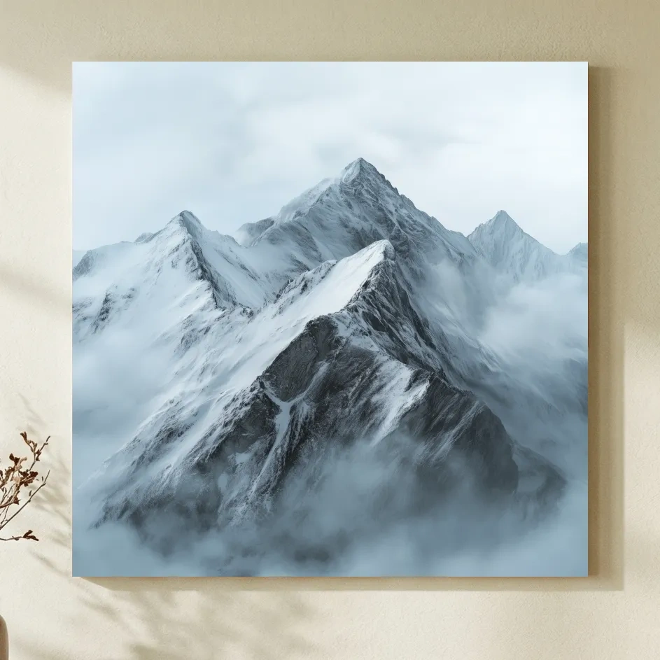 Misty Snowcapped Alpine Peak Landscape - Monochrome Photographic Mountain Wall Art