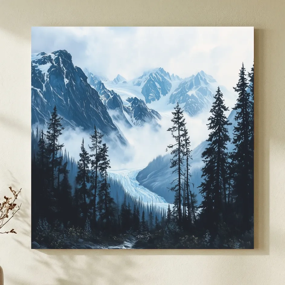 Misty Alpine Glacier Valley Landscape - Moody Mountain Forest Wall Art