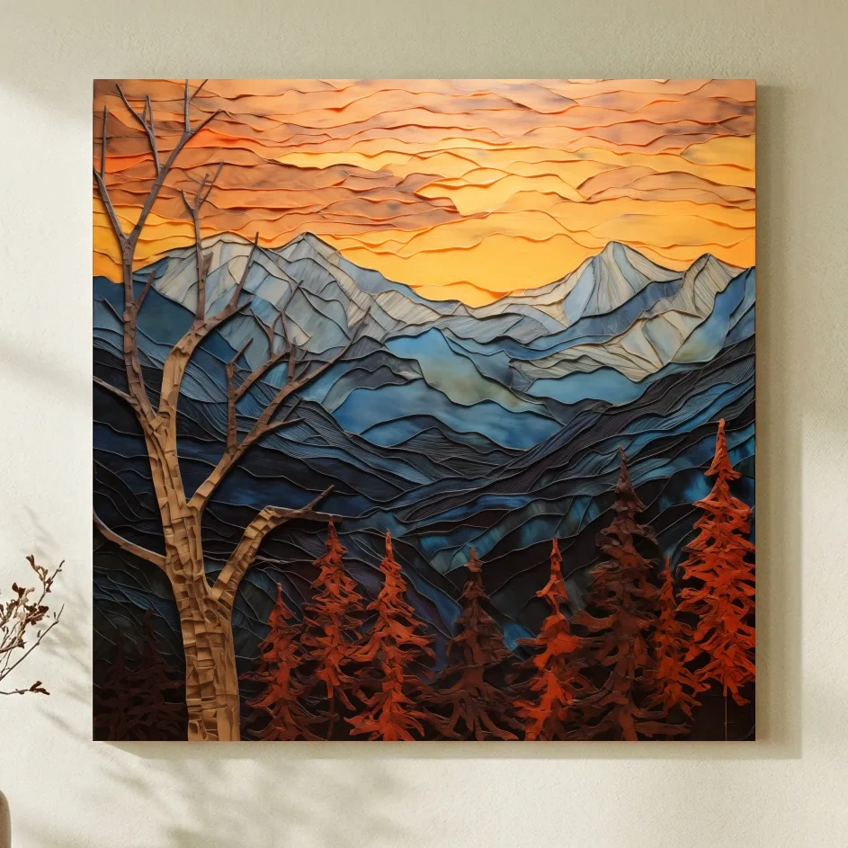 Layered Paper Cut Alpine Mountain Sunset - Mixed Media 3D Landscape Wall Art