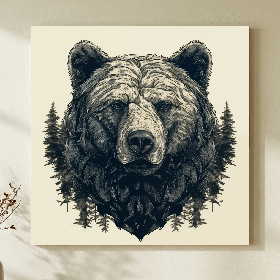 Grizzly Bear Portrait Illustration Artwork - Vintage Wilderness Forest Wall Art